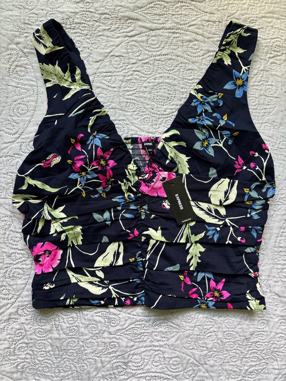 Express Poplin Floral V-Neck Ruched Smocked Back Tank